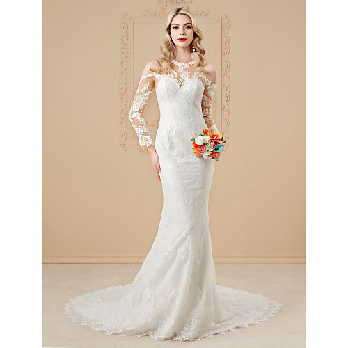 Mermaid / Trumpet Jewel Neck Cathedral Train Lace Over Satin Made-To-Measure Wedding Dresses with Appliques / Buttons by LAN TING BRIDE / Illusion Sleeve / See-Through / Beautiful Back
Mermaid / Trumpet Jewel Neck Cathedral Train Lace Over Satin Made-To-Measure Wedding Dresses with Appliques / Buttons by LAN TING BRIDE / Illusion Sleeve / See-Through / Beautiful Back