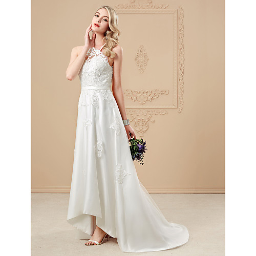 A Line Halter Neck Asymmetrical Tulle Corded Lace Made To