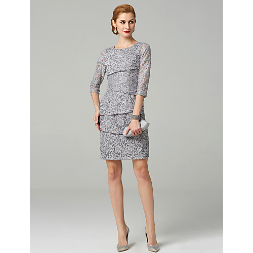 Sheath / Column Scoop Neck Short / Mini Beaded Lace Mother of the Bride Dress with Sequin / Appliques / Pleats by LAN TING BRIDE / Illusion Sleeve
Sheath / Column Scoop Neck Short / Mini Beaded Lace Mother of the Bride Dress with Sequin / Appliques / Pleats by LAN TING BRIDE / Illusion Sleeve