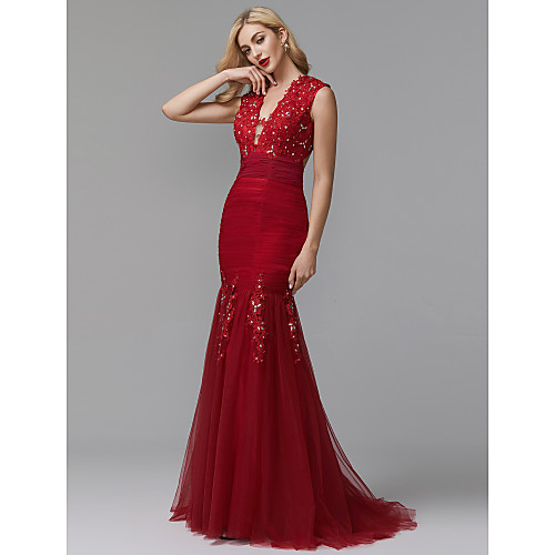 Mermaid / Trumpet Plunging Neck Sweep / Brush Train Tulle / Beaded Lace Open Back Formal Evening Dress with Appliques / Ruched by TS Couture
Mermaid / Trumpet Plunging Neck Sweep / Brush Train Tulle / Beaded Lace Open Back Formal Evening Dress with Appliques / Ruched by TS Couture