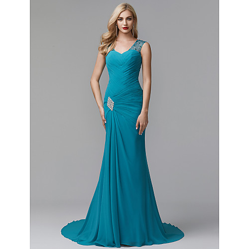 Sheath / Column V Neck Court Train Chiffon Formal Evening Dress with Crystals / Side Draping by TS Couture
Sheath / Column V Neck Court Train Chiffon Formal Evening Dress with Crystals / Side Draping by TS Couture