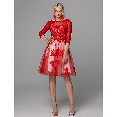 A-Line Bateau Neck Knee Length Lace / Tulle Lace Up Cocktail Party Dress with Appliques / Sash / Ribbon by TS Couture / Illusion Sleeve
A-Line Bateau Neck Knee Length Lace / Tulle Lace Up Cocktail Party Dress with Appliques / Sash / Ribbon by TS Couture / Illusion Sleeve