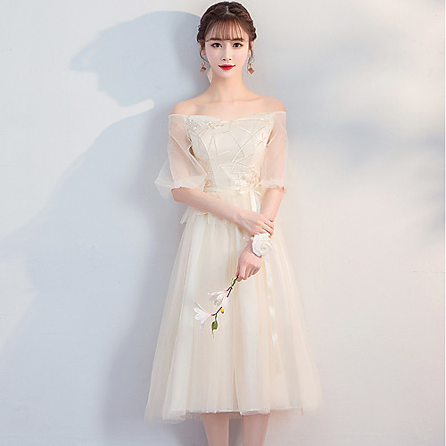 A-Line Off Shoulder Knee Length Chiffon Bridesmaid Dress with Sash / Ribbon by LAN TING Express
A-Line Off Shoulder Knee Length Chiffon Bridesmaid Dress with Sash / Ribbon by LAN TING Express
