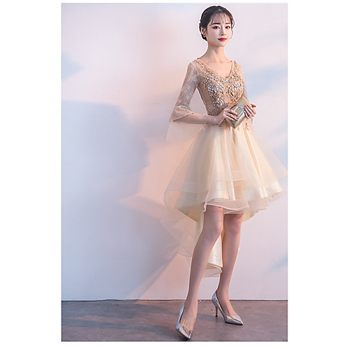 A-Line V Neck Short Length Tulle / Sequined Bridesmaid Dress with Pleats by LAN TING Express
A-Line V Neck Short Length Tulle / Sequined Bridesmaid Dress with Pleats by LAN TING Express