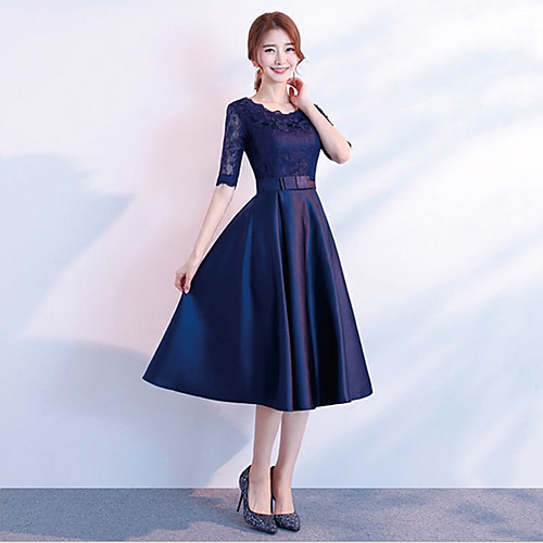 Jewel Neck Tea Length Lace / Satin Bridesmaid Dress with Bow(s) by LAN TING Express
Jewel Neck Tea Length Lace / Satin Bridesmaid Dress with Bow(s) by LAN TING Express