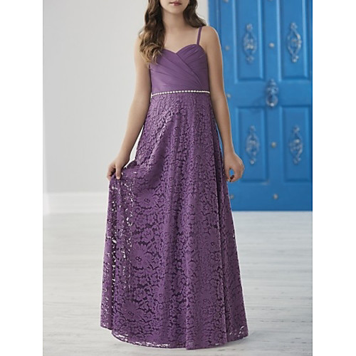 A-Line Spaghetti Strap Floor Length Chiffon / Lace Junior Bridesmaid Dress with Sash / Ribbon / Ruching by LAN TING BRIDE 
A-Line Spaghetti Strap Floor Length Chiffon / Lace Junior Bridesmaid Dress with Sash / Ribbon / Ruching by LAN TING BRIDE