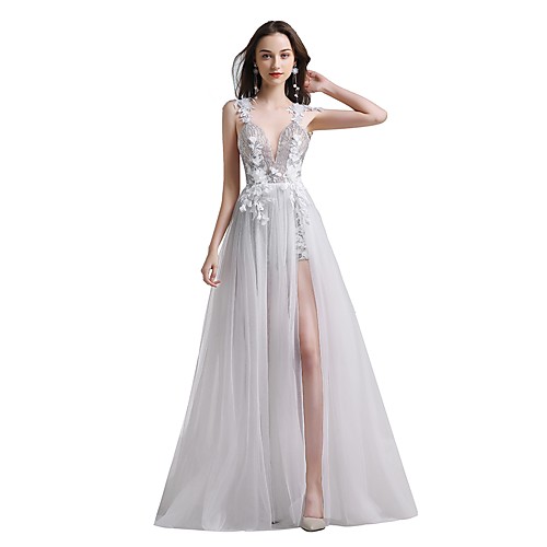 A-Line / Jumpsuits Plunging Neck Floor Length Tulle / Sequined Dress with Sequin / Appliques / Split Front by LAN TING Express
A-Line / Jumpsuits Plunging Neck Floor Length Tulle / Sequined Dress with Sequin / Appliques / Split Front by LAN TING Express