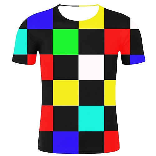 

Men's Plus Size Cotton T-shirt - Geometric / 3D / Graphic Print Round Neck Rainbow XXL