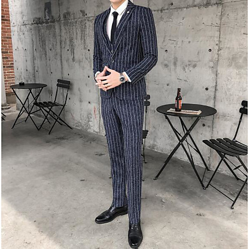 Navy Blue / Gray / Cream Striped Tailored Fit Polyester Suit - Notch Single Breasted One-button
Navy Blue / Gray / Cream Striped Tailored Fit Polyester Suit - Notch Single Breasted One-button