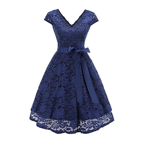 

Women's Elegant Swing Dress - Solid Colored Bow Lace up Lace Trims Blushing Pink Navy Blue Wine S M L