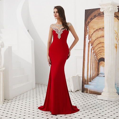 Mermaid / Trumpet Jewel Neck Sweep / Brush Train Satin Vintage Inspired Formal Evening Dress with Beading / Crystals by LAN TING Express
Mermaid / Trumpet Jewel Neck Sweep / Brush Train Satin Vintage Inspired Formal Evening Dress with Beading / Crystals by LAN TING Express