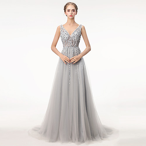 A-Line Plunging Neck Sweep / Brush Train Tulle / Charmeuse Formal Evening Dress with Sequin / Crystals by LAN TING Express
A-Line Plunging Neck Sweep / Brush Train Tulle / Charmeuse Formal Evening Dress with Sequin / Crystals by LAN TING Express