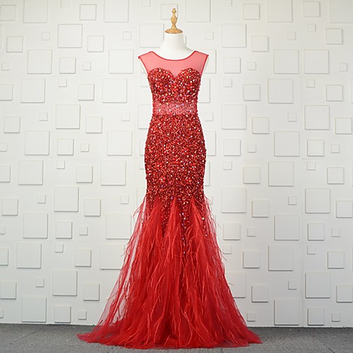 Mermaid / Trumpet Jewel Neck Court Train Tulle Formal Evening Dress with Beading / Sequin / Feathers / Fur by LAN TING Express
Mermaid / Trumpet Jewel Neck Court Train Tulle Formal Evening Dress with Beading / Sequin / Feathers / Fur by LAN TING Express
