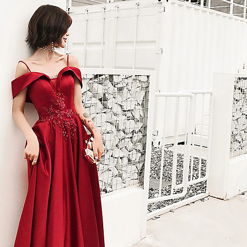 A-Line Spaghetti Strap Floor Length Satin / Stretch Satin / Floral Lace Open Back Prom Dress with Beading / Lace Insert by LAN TING Express 
A-Line Spaghetti Strap Floor Length Satin / Stretch Satin / Floral Lace Open Back Prom Dress with Beading / Lace Insert by LAN TING Express