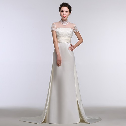 Sheath / Column High Neck Sweep / Brush Train Lace / Chiffon Over Satin Made-To-Measure Wedding Dresses with Appliques / Lace by LAN TING Express / Illusion Sleeve
Sheath / Column High Neck Sweep / Brush Train Lace / Chiffon Over Satin Made-To-Measure Wedding Dresses with Appliques / Lace by LAN TING Express / Illusion Sleeve
