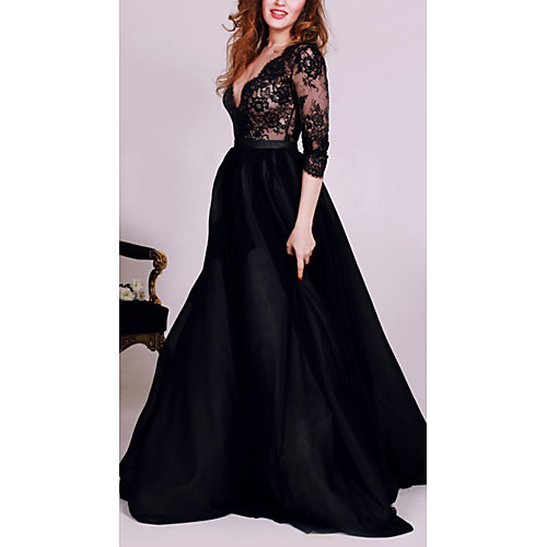 A-Line Plunging Neck Floor Length Lace / 30D Chiffon See Through Formal Evening Dress with Appliques / Embroidery / Lace Insert by LAN TING Express
A-Line Plunging Neck Floor Length Lace / 30D Chiffon See Through Formal Evening Dress with Appliques / Embroidery / Lace Insert by LAN TING Express