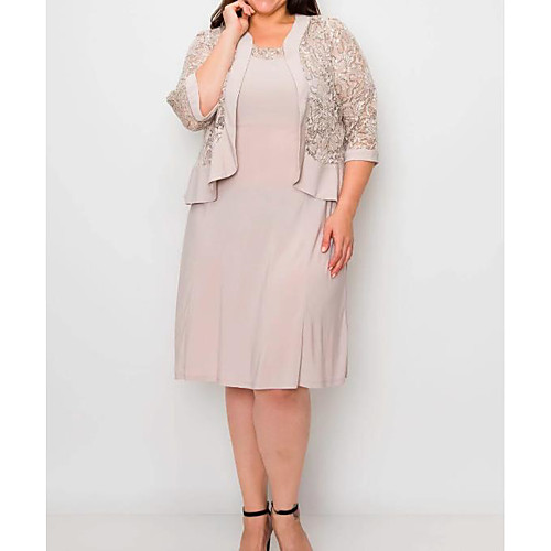 Sheath / Column / Two Piece Jewel Neck Knee Length Chiffon Mother of the Bride Dress with Lace / Pleats by LAN TING Express / Wrap Included
Sheath / Column / Two Piece Jewel Neck Knee Length Chiffon Mother of the Bride Dress with Lace / Pleats by LAN TING Express / Wrap Included