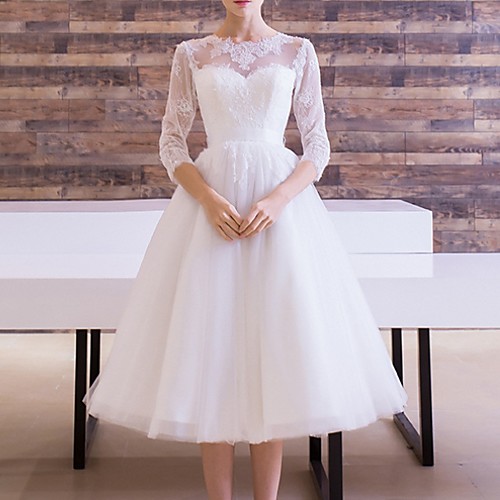 A-Line Jewel Neck Tea Length Tulle Made-To-Measure Wedding Dresses with Bow(s) / Lace Insert by LAN TING Express
A-Line Jewel Neck Tea Length Tulle Made-To-Measure Wedding Dresses with Bow(s) / Lace Insert by LAN TING Express
