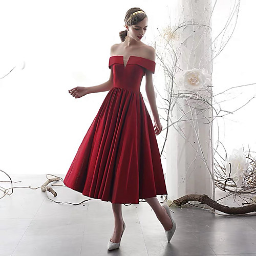 A-Line Off Shoulder Tea Length Satin Vintage Inspired Cocktail Party Dress with Side Draping by LAN TING Express
A-Line Off Shoulder Tea Length Satin Vintage Inspired Cocktail Party Dress with Side Draping by LAN TING Express