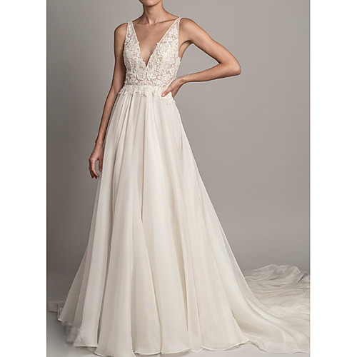 A-Line V Neck Sweep / Brush Train Chiffon Made-To-Measure Wedding Dresses with Appliques / Buttons by LAN TING Express
A-Line V Neck Sweep / Brush Train Chiffon Made-To-Measure Wedding Dresses with Appliques / Buttons by LAN TING Express
