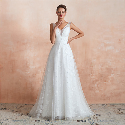 A-Line V Neck Sweep / Brush Train Satin / Tulle Made-To-Measure Wedding Dresses with Beading by LAN TING Express
A-Line V Neck Sweep / Brush Train Satin / Tulle Made-To-Measure Wedding Dresses with Beading by LAN TING Express