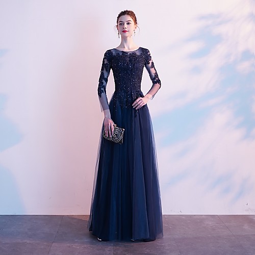 A-Line Jewel Neck Floor Length Lace / Tulle Formal Evening Dress with Appliques / Crystals by LAN TING Express
A-Line Jewel Neck Floor Length Lace / Tulle Formal Evening Dress with Appliques / Crystals by LAN TING Express