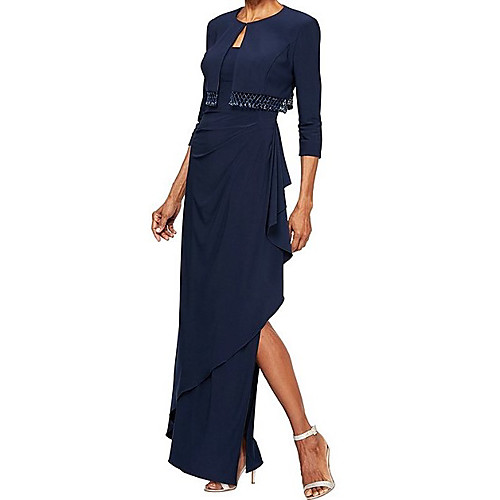 Sheath / Column Scoop Neck Floor Length Jersey Mother of the Bride Dress with Beading / Split Front by LAN TING Express / Bell Sleeve / Wrap Included
Sheath / Column Scoop Neck Floor Length Jersey Mother of the Bride Dress with Beading / Split Front by LAN TING Express / Bell Sleeve / Wrap Included