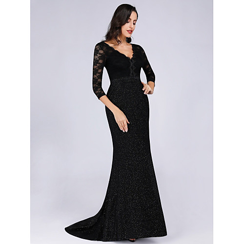 A-Line Plunging Neck Sweep / Brush Train Lace / Stretch Satin Formal Evening Dress with Lace Insert by LAN TING Express
A-Line Plunging Neck Sweep / Brush Train Lace / Stretch Satin Formal Evening Dress with Lace Insert by LAN TING Express