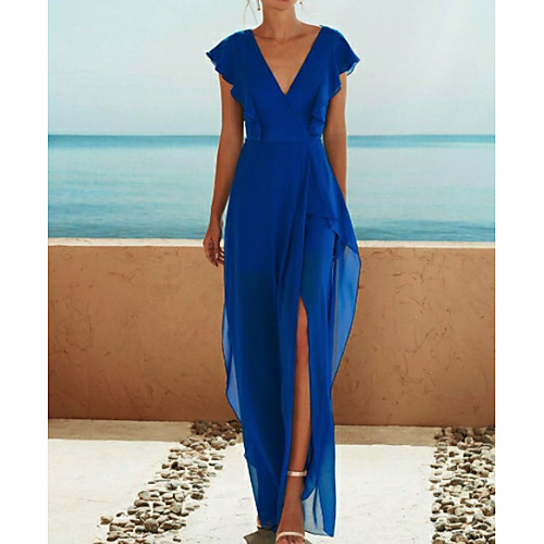 Sheath / Column Plunging Neck Floor Length Chiffon Formal Evening Dress with Split Front / Cascading Ruffles by LAN TING Express
Sheath / Column Plunging Neck Floor Length Chiffon Formal Evening Dress with Split Front / Cascading Ruffles by LAN TING Express