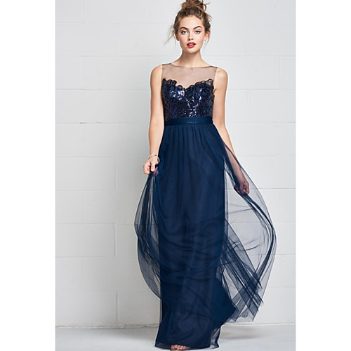 A-Line Bateau Neck Floor Length Lace / Tulle Bridesmaid Dress with Sequin by LAN TING Express 
A-Line Bateau Neck Floor Length Lace / Tulle Bridesmaid Dress with Sequin by LAN TING Express