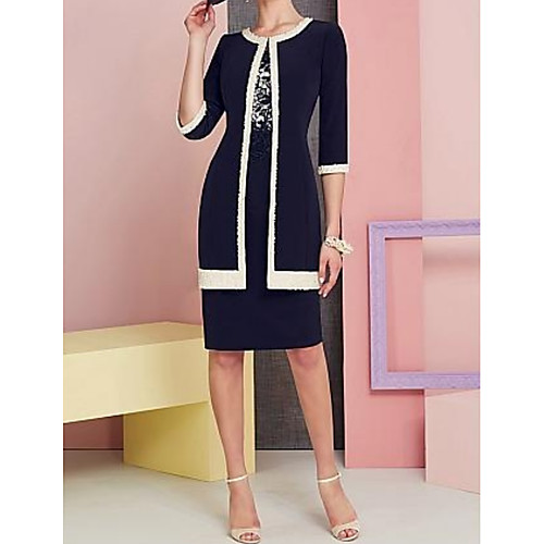 Sheath / Column / Two Piece Jewel Neck Knee Length Polyester Mother of the Bride Dress with Appliques / Ruching by LAN TING Express
Sheath / Column / Two Piece Jewel Neck Knee Length Polyester Mother of the Bride Dress with Appliques / Ruching by LAN TING Express