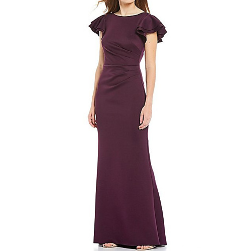 Sheath / Column Jewel Neck Floor Length Satin Formal Evening Dress with Ruched by LAN TING Express 
Sheath / Column Jewel Neck Floor Length Satin Formal Evening Dress with Ruched by LAN TING Express