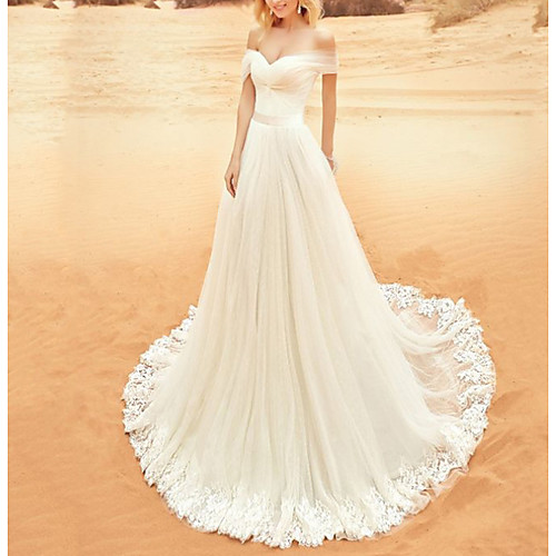 A-Line Off Shoulder Sweep / Brush Train Tulle Made-To-Measure Wedding Dresses with Bow(s) / Lace Insert by LAN TING Express
A-Line Off Shoulder Sweep / Brush Train Tulle Made-To-Measure Wedding Dresses with Bow(s) / Lace Insert by LAN TING Express