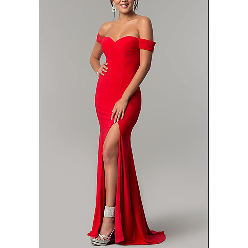 Sheath / Column Off Shoulder Sweep / Brush Train Stretch Satin Formal Evening Dress with Split Front by LAN TING Express
Sheath / Column Off Shoulder Sweep / Brush Train Stretch Satin Formal Evening Dress with Split Front by LAN TING Express