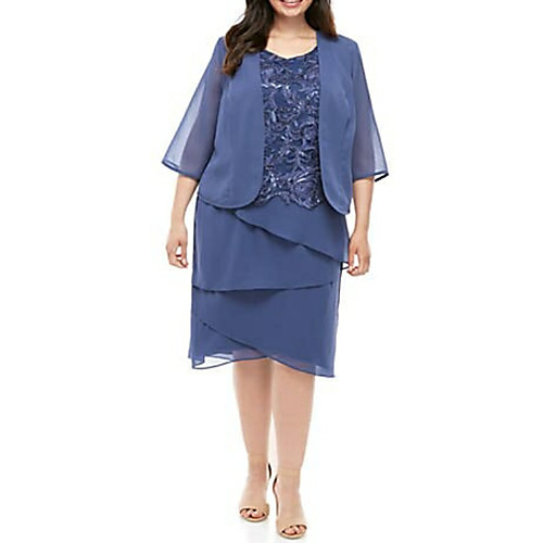 Sheath / Column V Neck Knee Length Chiffon Mother of the Bride Dress with Lace / Tier by LAN TING Express
Sheath / Column V Neck Knee Length Chiffon Mother of the Bride Dress with Lace / Tier by LAN TING Express