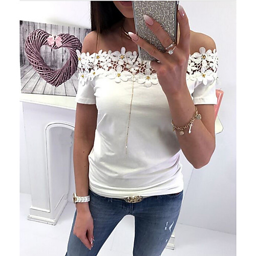 Women's Solid Colored Patchwork Lace Trims T-shirt Daily Off Shoulder White / Black / Blushing Pink
Women's Solid Colored Patchwork Lace Trims T-shirt Daily Off Shoulder White / Black / Blushing Pink