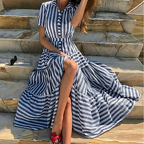 Women's Maxi Sheath Dress - Short Sleeves Striped Shirt Collar Elegant Blue S M L XL XXL
Women's Maxi Sheath Dress - Short Sleeves Striped Shirt Collar Elegant Blue S M L XL XXL