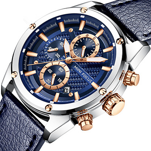 MINI FOCUS Men's Dress Watch Quartz Formal Style Stylish Genuine Leather Black / Blue / Brown 30 m Water Resistant / Waterproof Calendar / date / day Three Time Zones Analog Casual Fashion - Blue
MINI FOCUS Men's Dress Watch Quartz Formal Style Stylish Genuine Leather Black / Blue / Brown 30 m Water Resistant / Waterproof Calendar / date / day Three Time Zones Analog Casual Fashion - Blue
