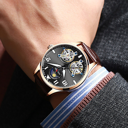 Men's Mechanical Watch Automatic self-winding Genuine Leather 30 m Calendar / date / day Day Date Tourbillon Analog Fashion Cool - Golden / Brown Black / Silver Blue One Year Battery Life
Men's Mechanical Watch Automatic self-winding Genuine Leather 30 m Calendar / date / day Day Date Tourbillon Analog Fashion Cool - Golden / Brown Black / Silver Blue One Year Battery Life