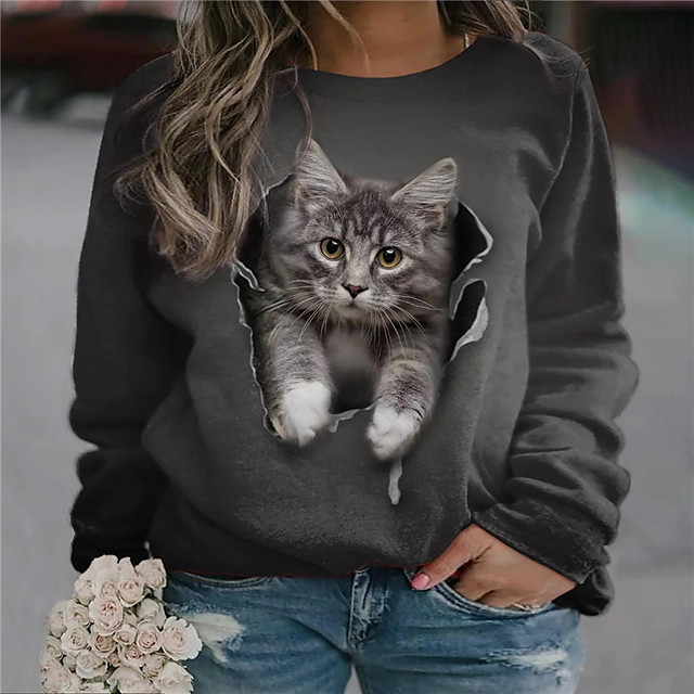 Femme Grande taille Hauts T-shirt Chat Animal Imprimer Manches Longues Ras du cou Vêtement de rue du