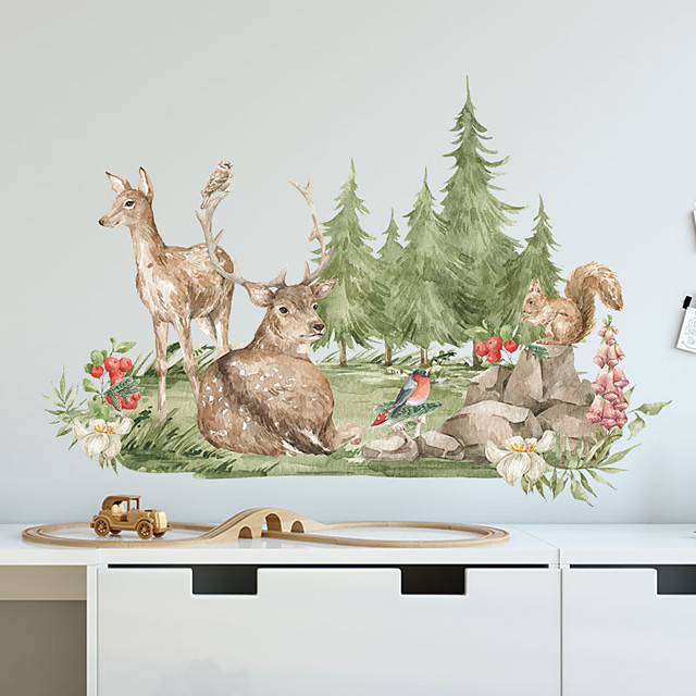 Dessin animé forêt cerf écureuil fleurs et plantes chambre d'enfant porche maison décoration murale 