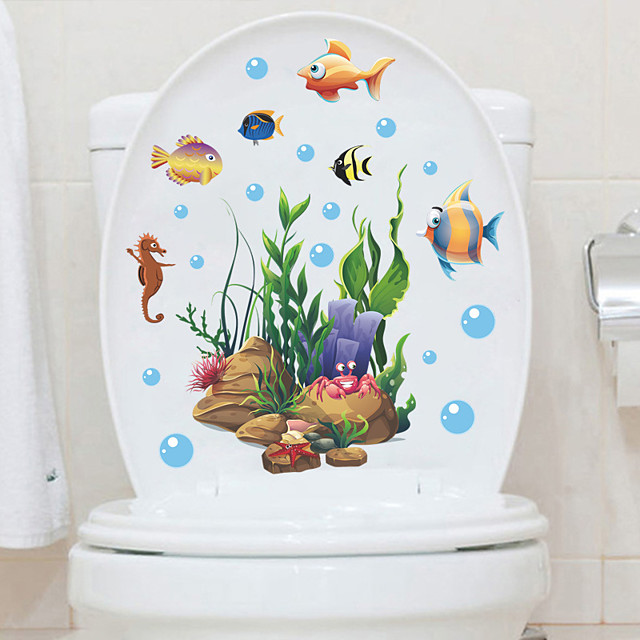 Dessin animé monde sous-marin poisson-clown pieuvre hippocampe eau herbe toilette autocollant décora