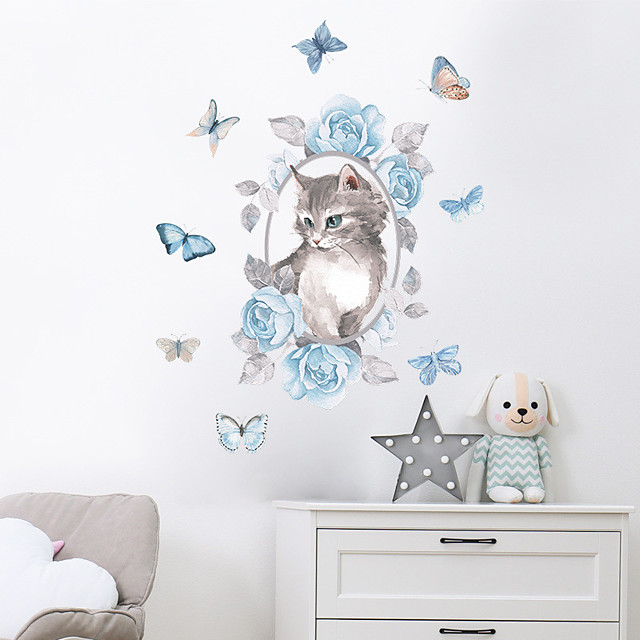 Dessin animé chat bleu rose fleur papillon chambre d'enfant maison décoration murale sticker mural m