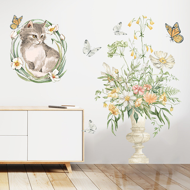 Fleurs en pot chat papillon porche chambre maison décoration murale stickers muraux auto-adhésifs mi