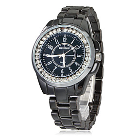 Women'S Chronograph Quartz Analog Crystal Black Dial Black Ceramic Band Elegant Wrist Watch (Big)