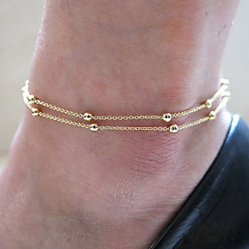 Women Fashion Gold Plate Ball Copper Double Layer Chain Beach Anklets