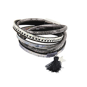 Fashion Trendy 3 Rows Chain/crystal Set/leaf/fur Charm Leather Wrap Bracelet Christmas Gifts