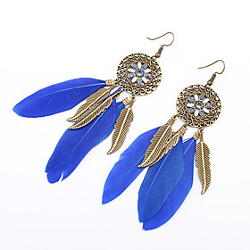 Women Fashion Bohemian Vintage Leaves Flowers Feather Tassel Drop Earrings