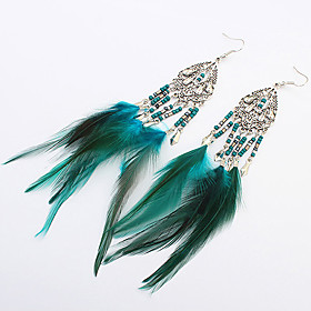 Women Fashion Bohemian Beaded Feather Tassel Droplets Drop Earrings