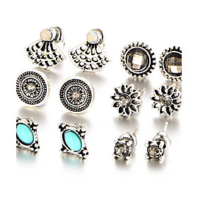 6pcs/set Europe Crystal Stud Earrings Flower Shell Oval Square Shining Earrings
